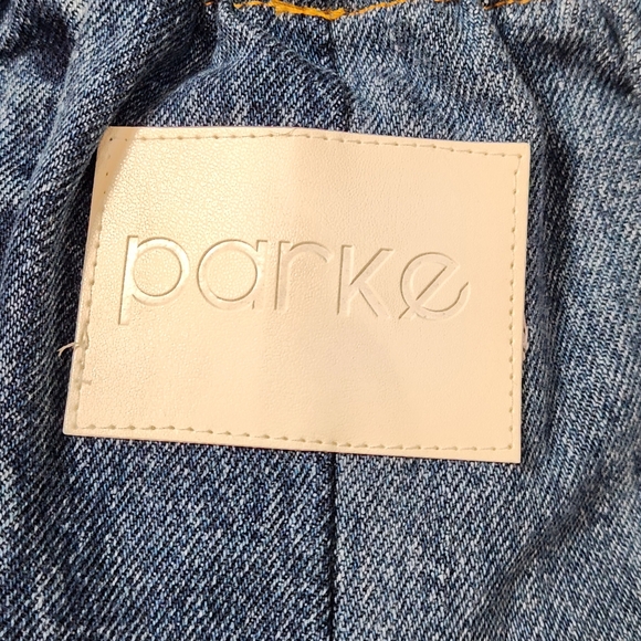 NWOT Parke Patchwork Denim Blue Jean High-Waisted Drawstring Pocket Shorts - Picture 4 of 5